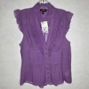 Bebe NWT Purple Ruffle Sleeveless Sheer Silk Blouse Y2k Coquette Whimsigoth L